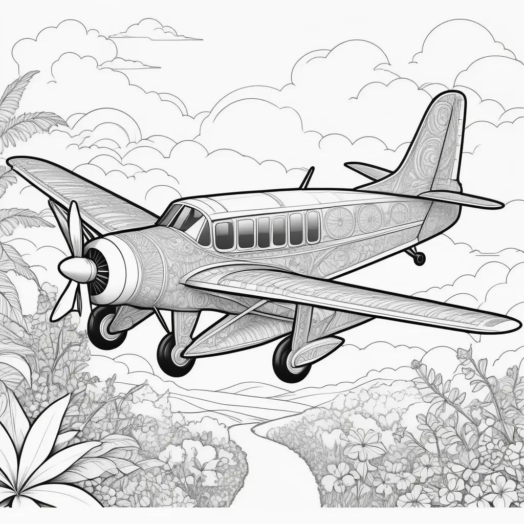 airplane coloring page with a floral background