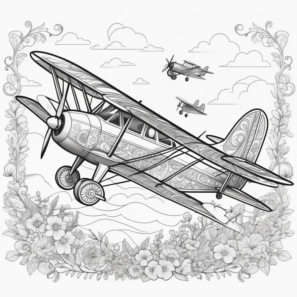 airplane coloring page with a floral border