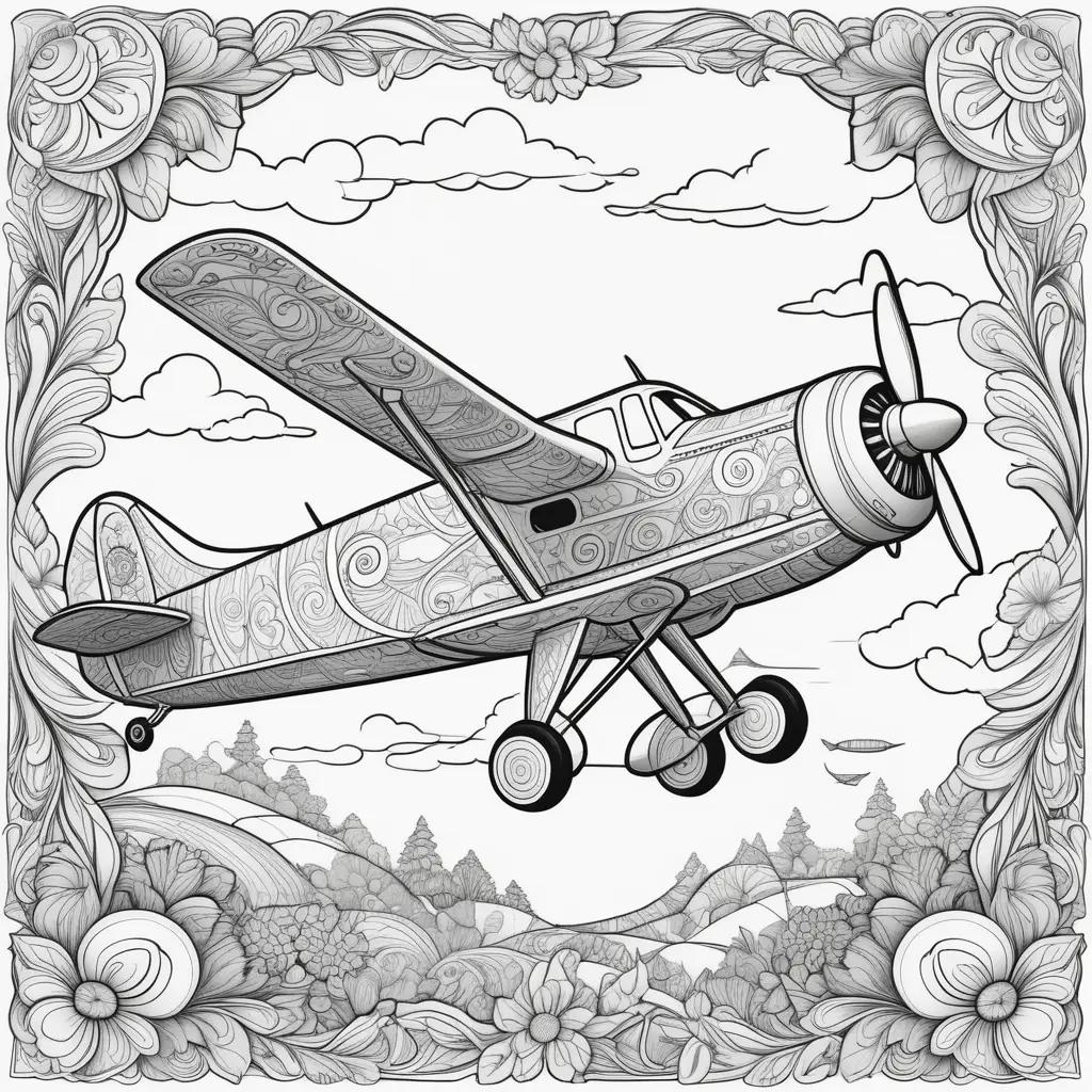 airplane flying through a beautiful landscape in a coloring page