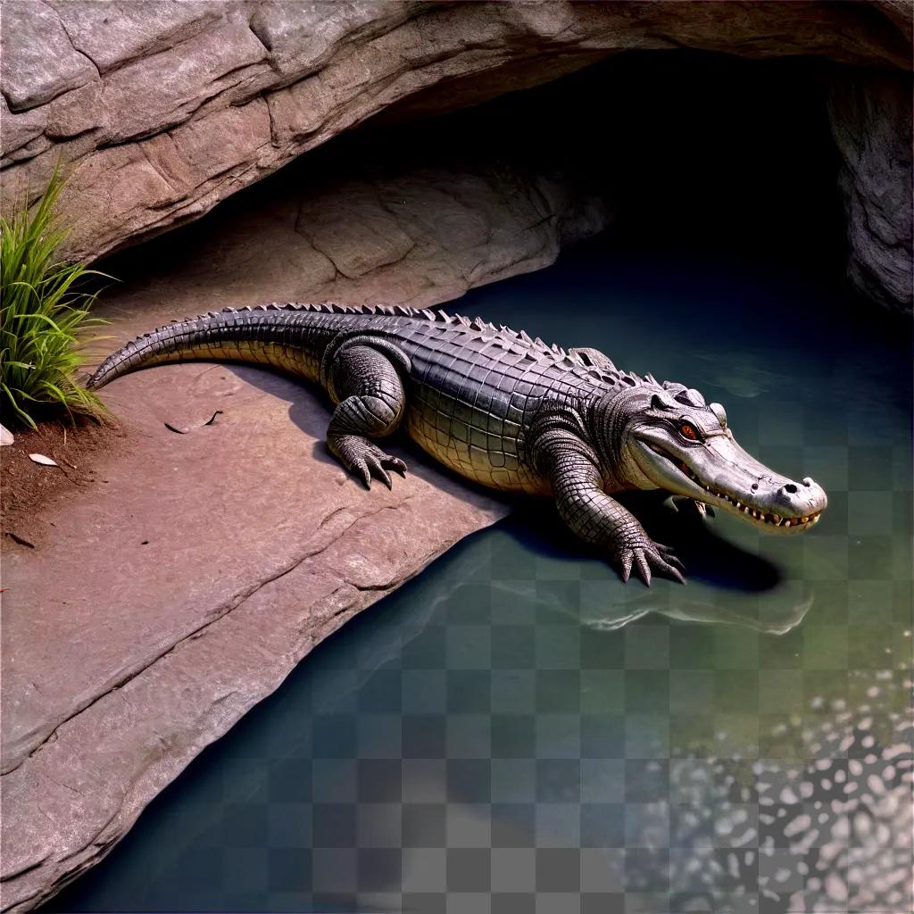 alligator drawing A statue of a crocodile in a watery setting