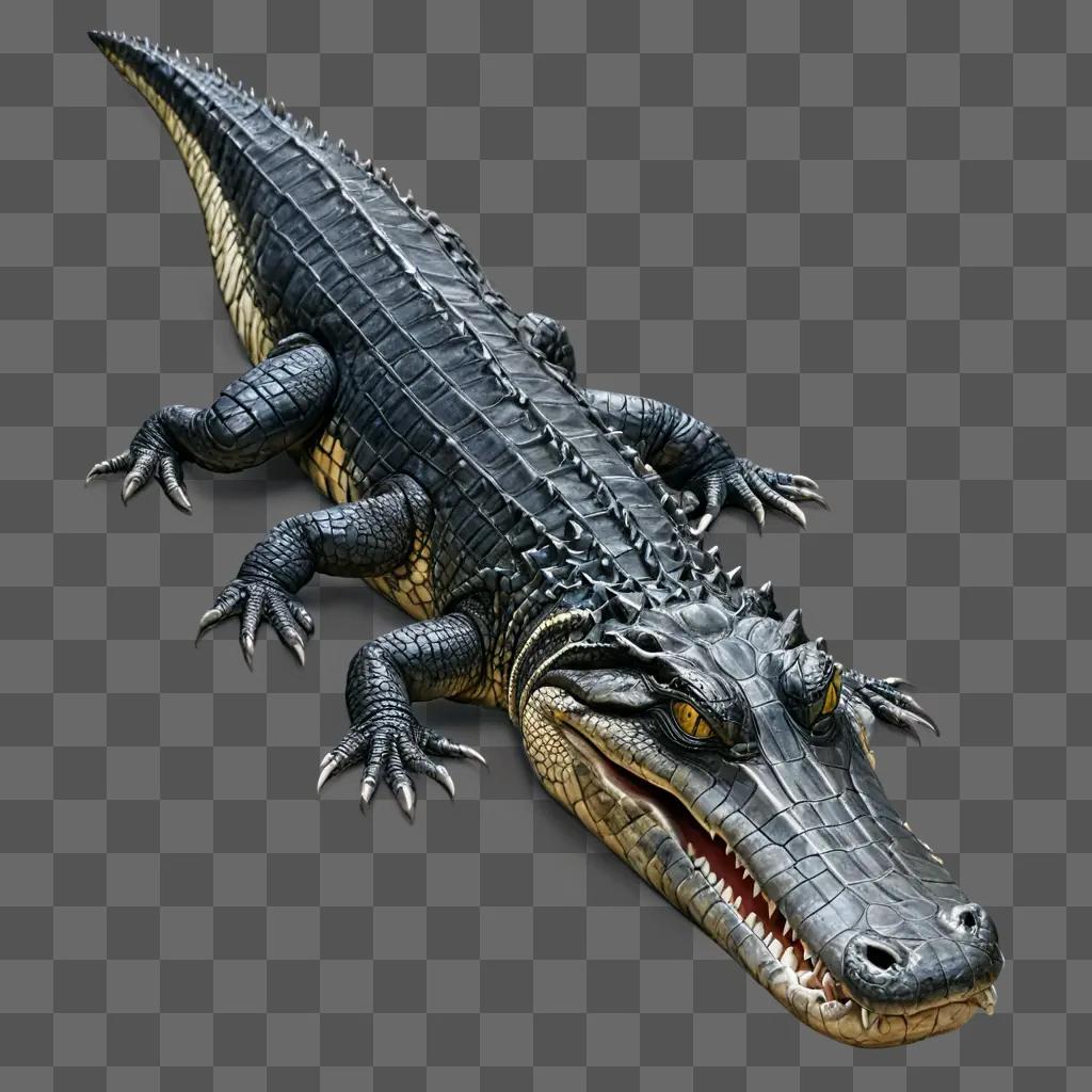 alligator illustrated A large crocodile sculpture against a gray background