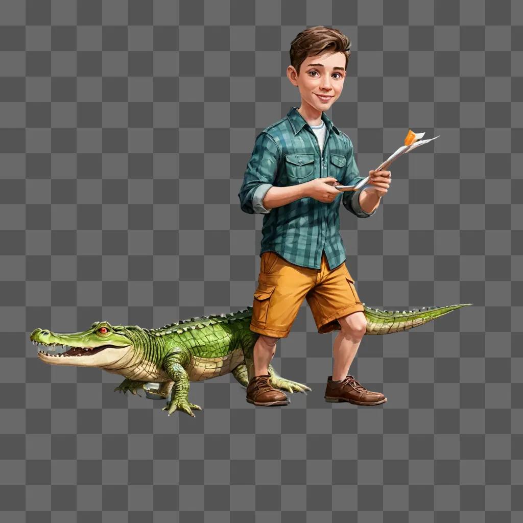 alligator sketch A young boy and a crocodile standing next to each other