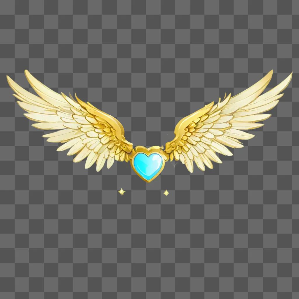 angel wings clipart A golden heart with wings and a blue stone