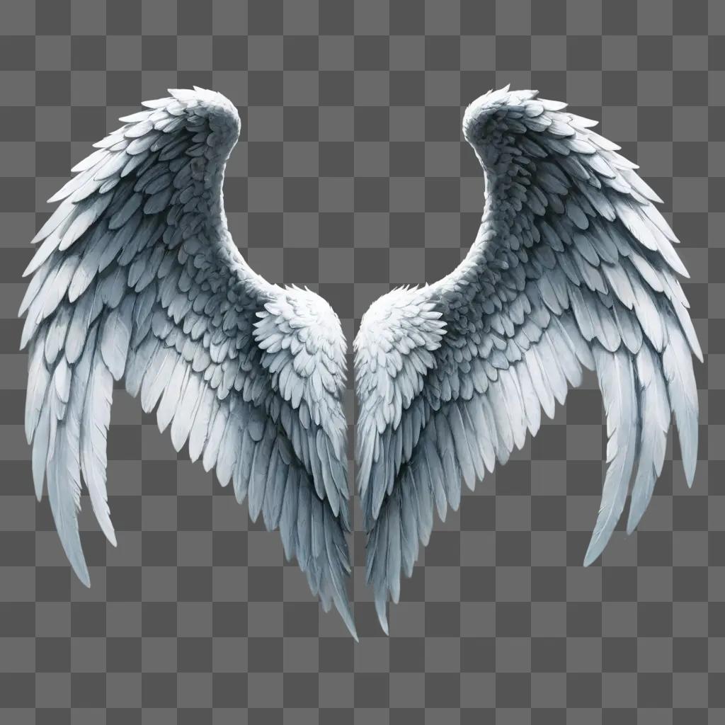 angel wings drawing Two wings with white feathers against a gray background