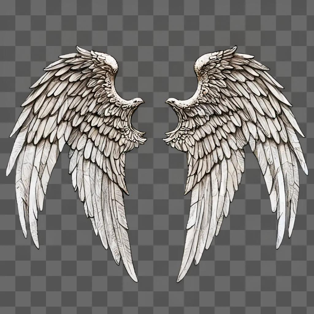 angel wings drawing realistic Two large wings in silhouette against a gray background