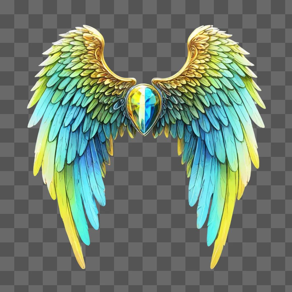 angel wings drawing with colour A blue and yellow bird wing design