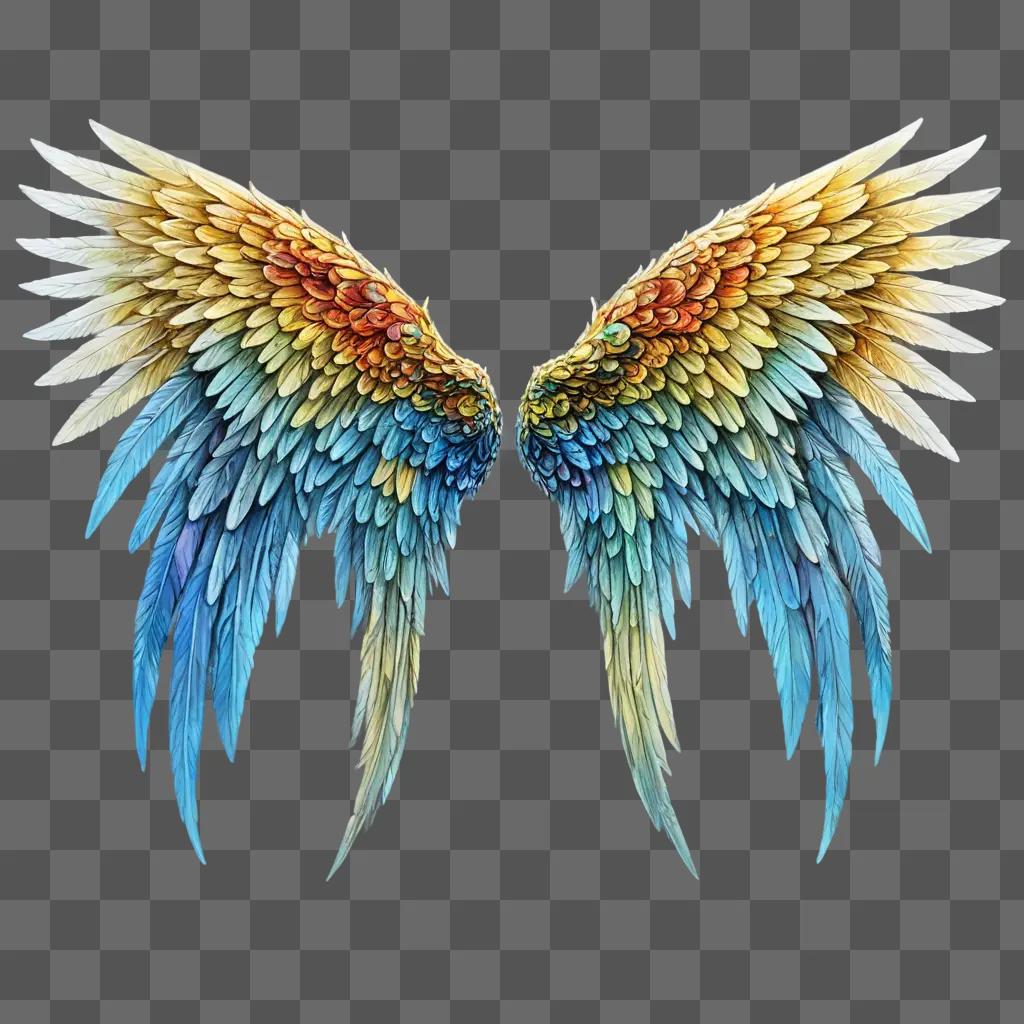 angel wings drawing with colour A pair of colorful wings against a blue background