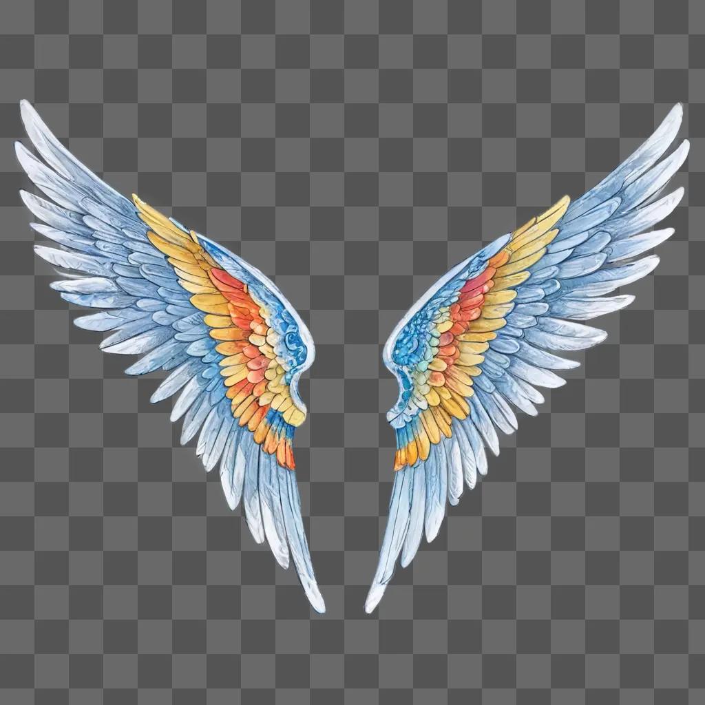 angel wings drawing with colour A pair of colorful wings in a light blue background