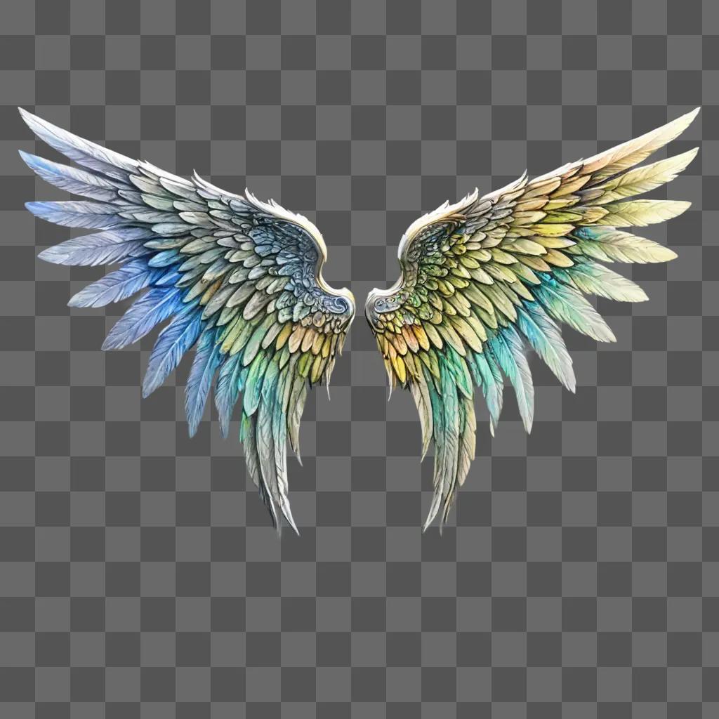 angel wings drawing with colour A pair of multicolored wings against a gray background