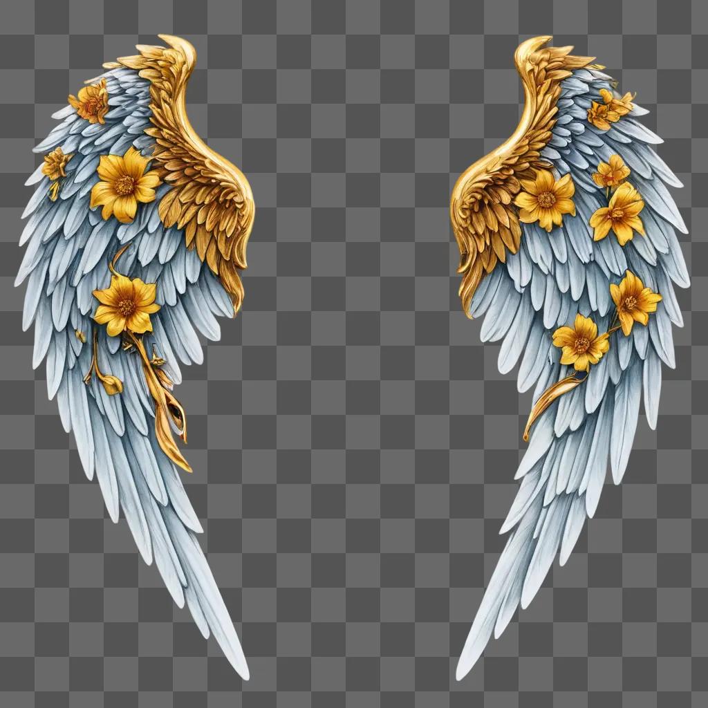 angel wings drawing with colour Two golden wings adorned with yellow flowers