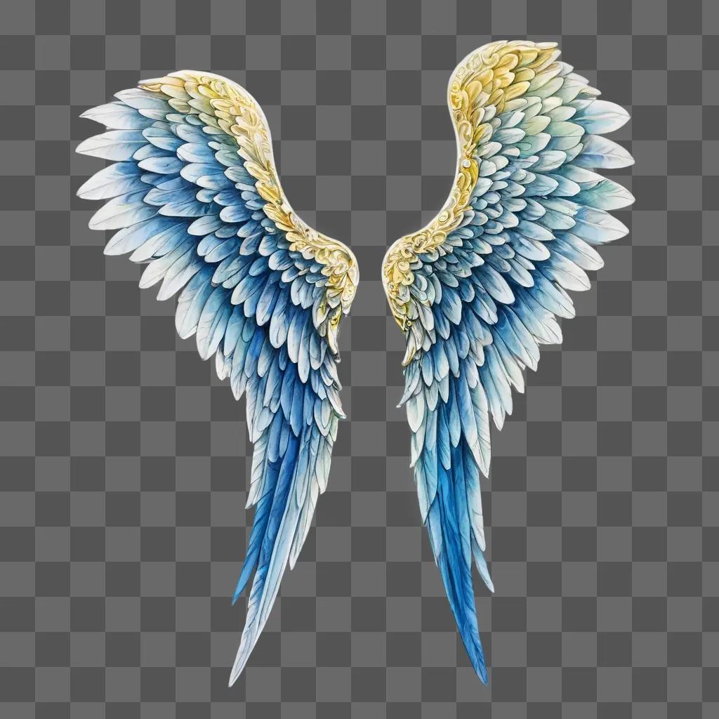 angel wings drawing with colour Two large blue and gold wings against a blue background