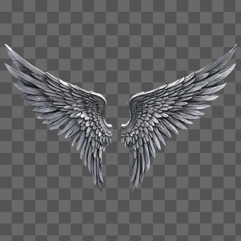 angel wings sketch Two large silver wings on a gray background