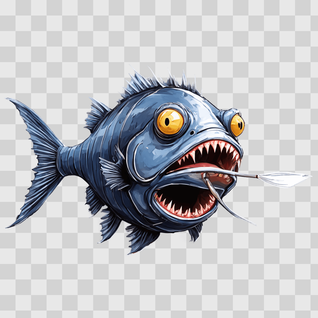 angler fish drawing A fish with a toothy mouth holding a stick