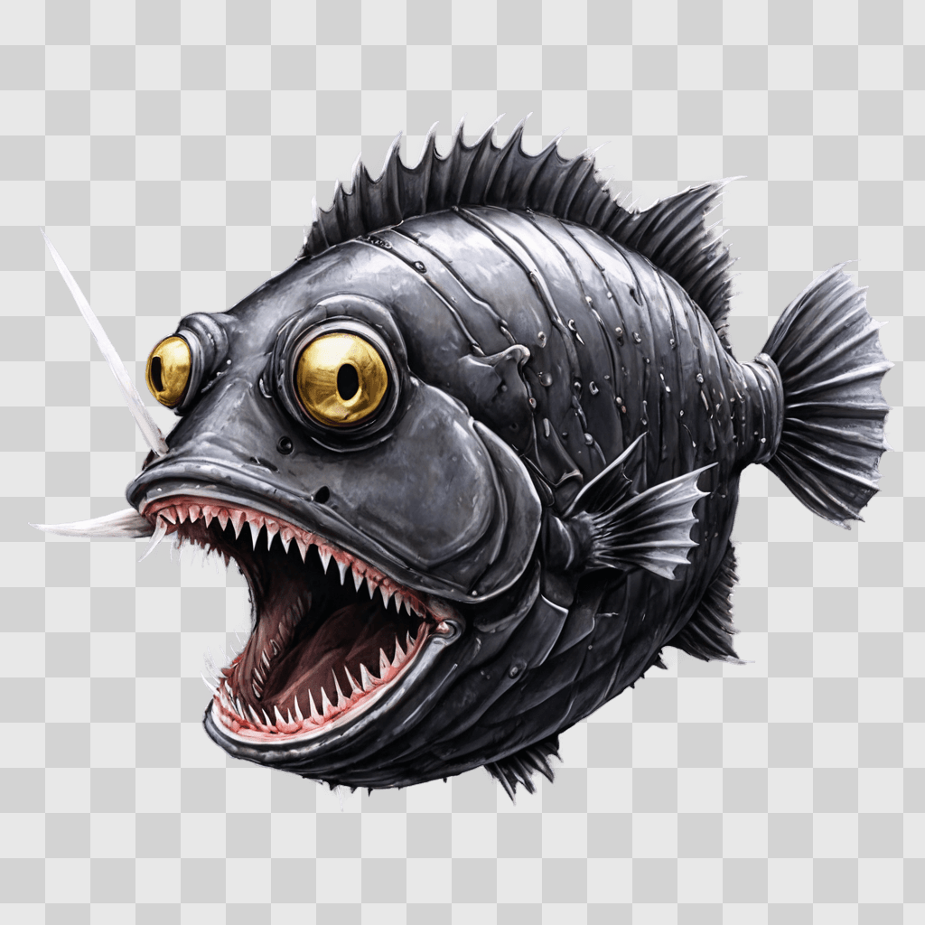 angler fish drawing A large black fish with yellow eyes and teeth