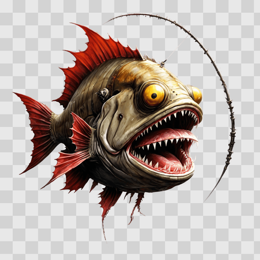 angler fish drawing A large fish with a yellow belly and red eyes