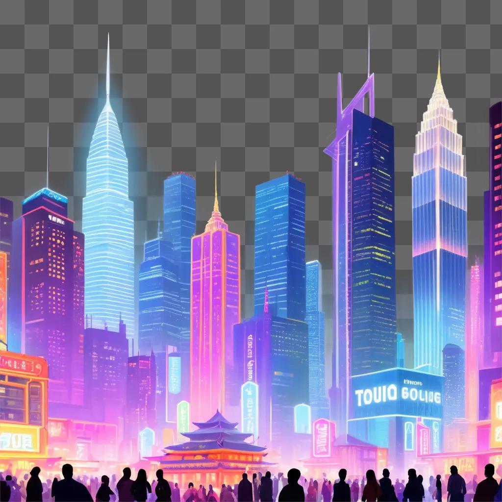 animated city with neon lights and people