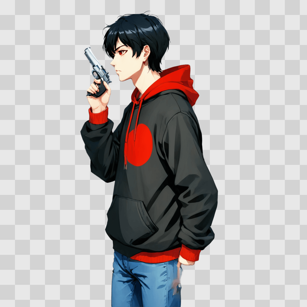 anime boy black hair A man with a red circle on his hoodie holding a gun