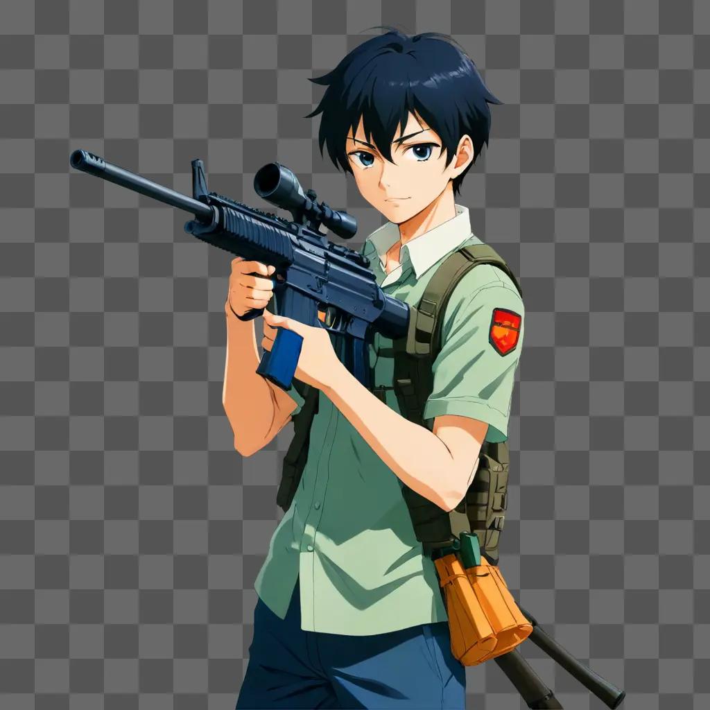 anime boy black hair A young boy holds a rifle and a backpack