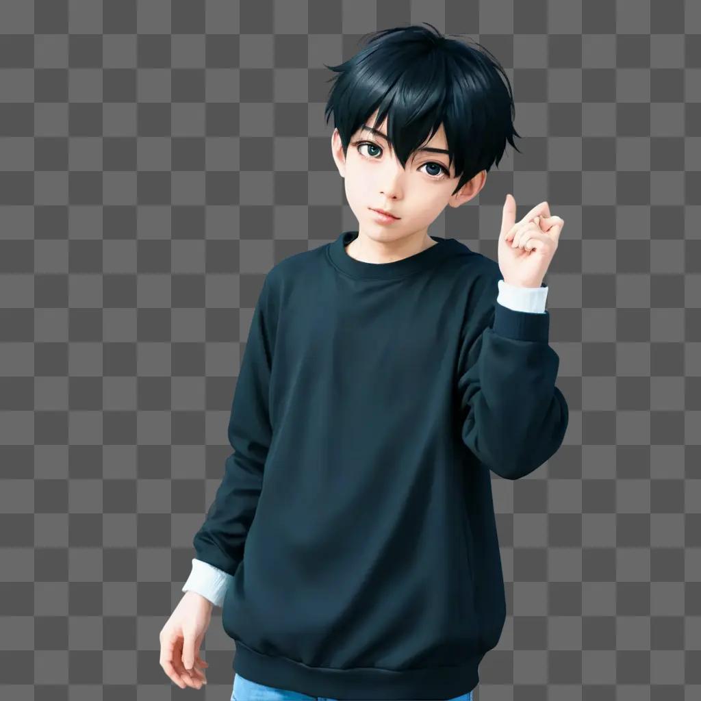 anime boy cute A boy wearing a sweatshirt is posing with his hand up