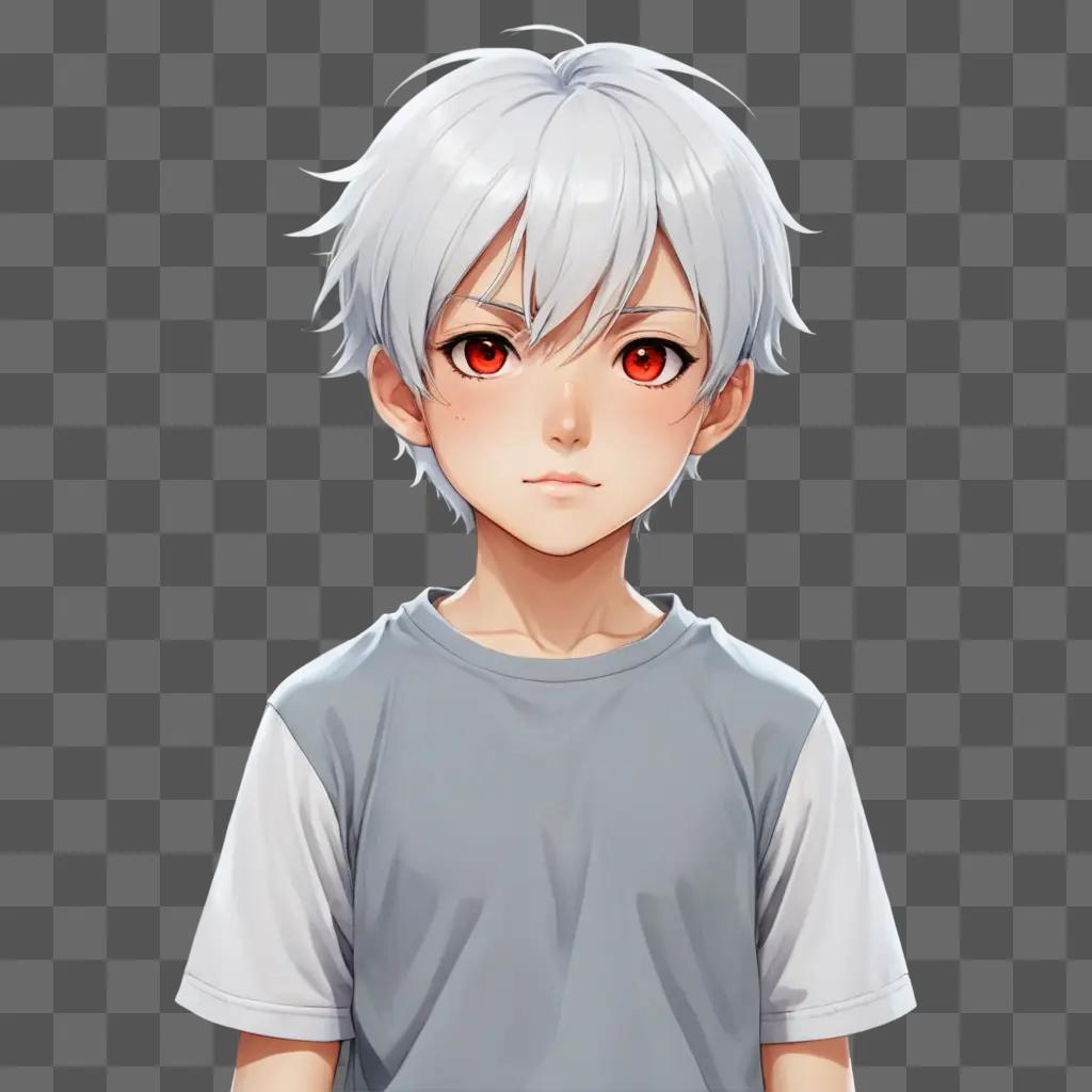 アニメの男の子かわいい赤い目と灰色のシャツの男の子