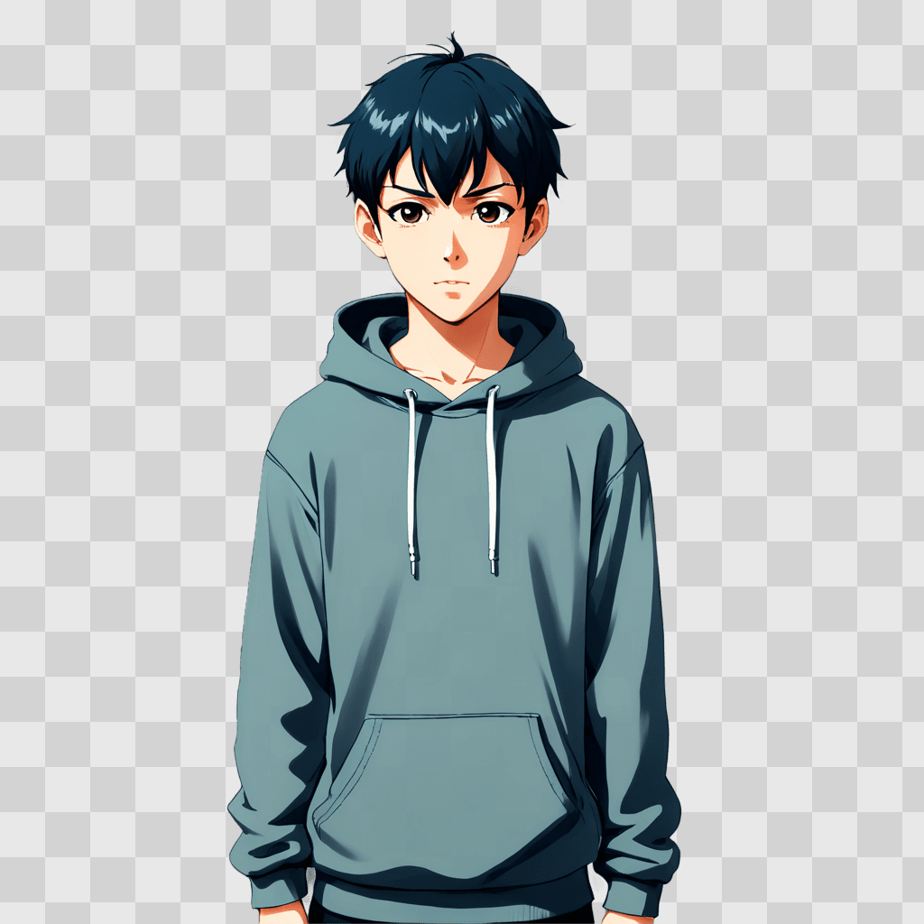 anime boy cute A young man wearing a blue hoodie stands against a gray background