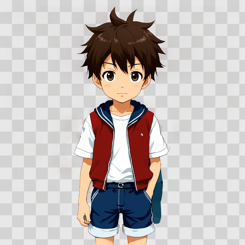 anime boy cute Young boy with a red vest stands in front of a wall