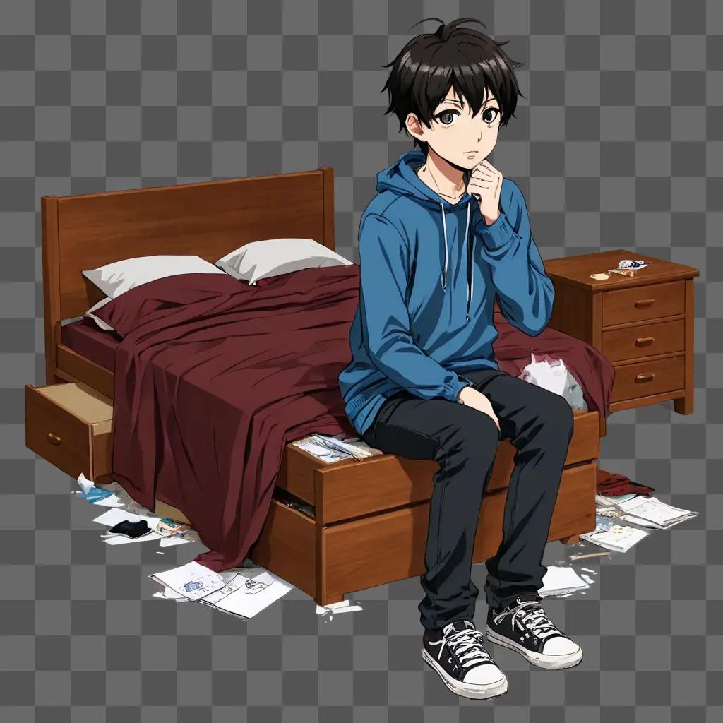 anime boy drawing A boy in a blue hoodie sits on a bed with a mess on the floor