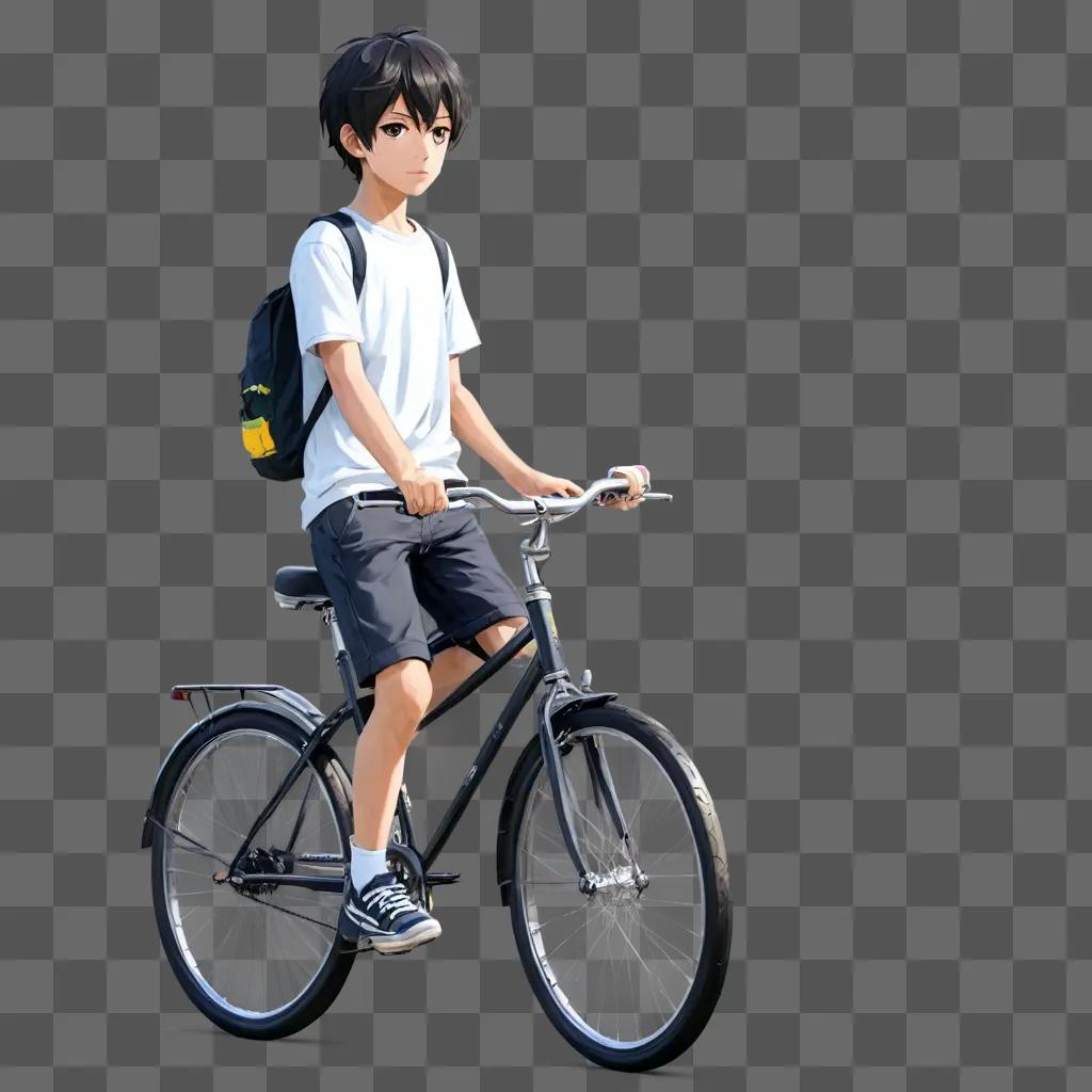 anime boy drawing A young man rides a bicycle in a black and white image