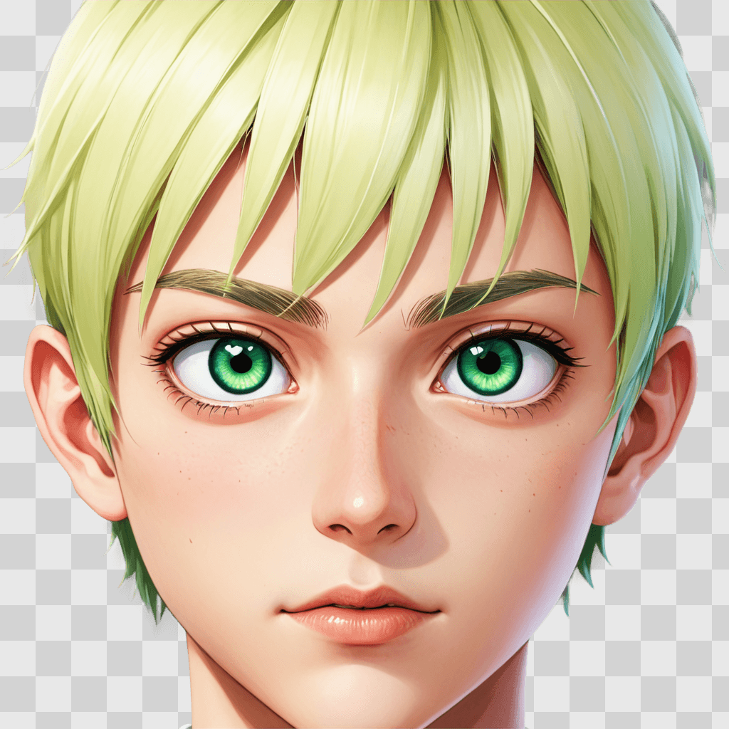 anime boy eyes A cartoon face with green eyes and blonde hair