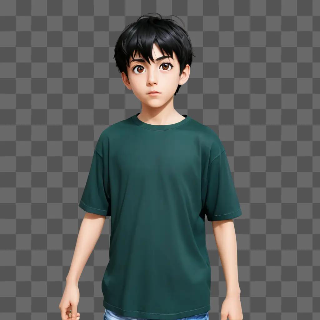 anime boy eyes A cartoon young boy wearing a green shirt