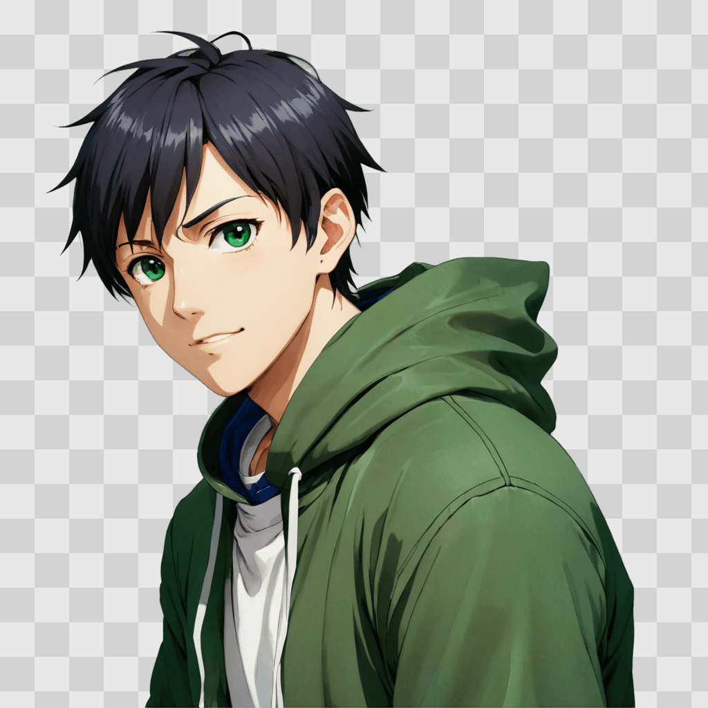 anime boy eyes A young man with a green hoodie stands in front of a green background