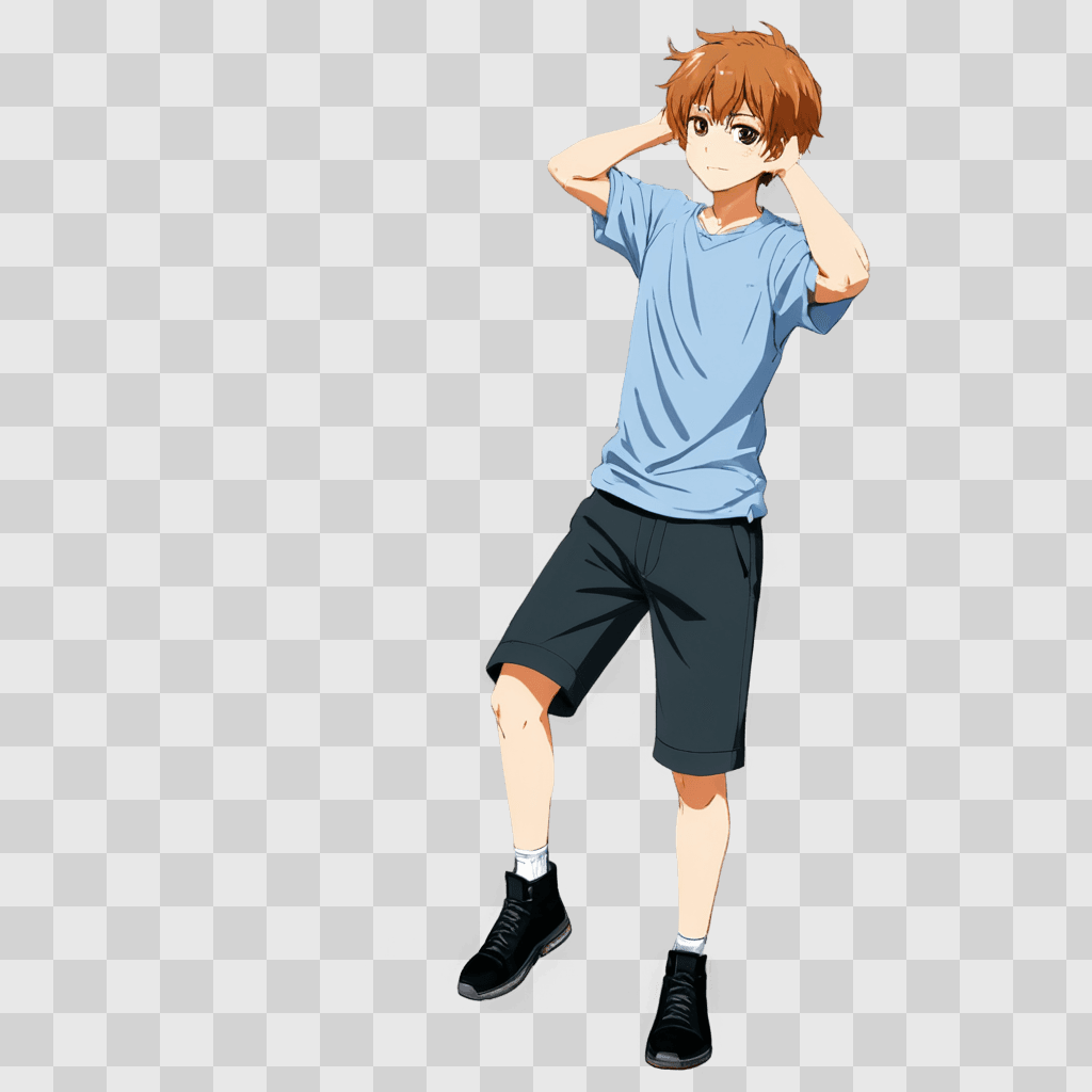 anime boy hair A boy wearing a blue shirt and black shorts