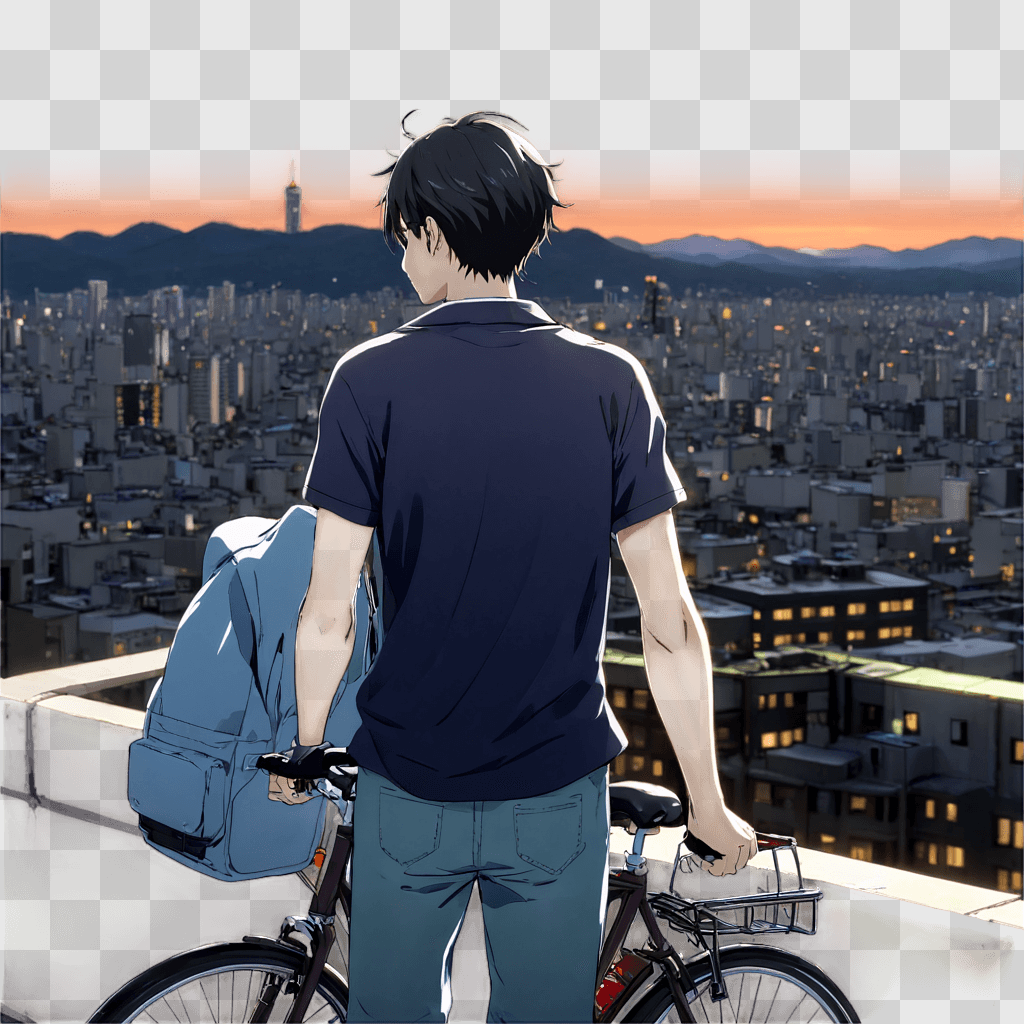 anime boy hair A man with a blue backpack on a rooftop