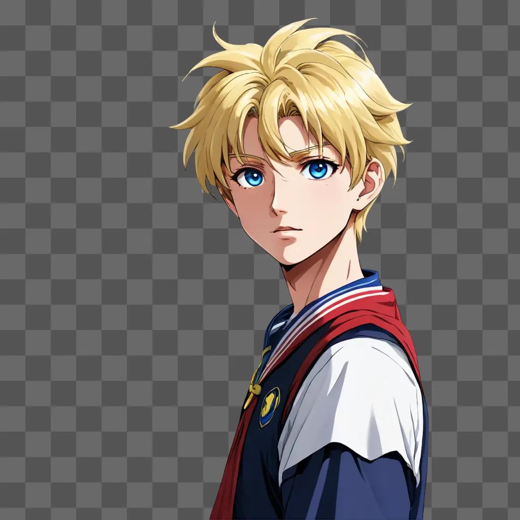 anime boy hair A man with blue eyes and a red vest