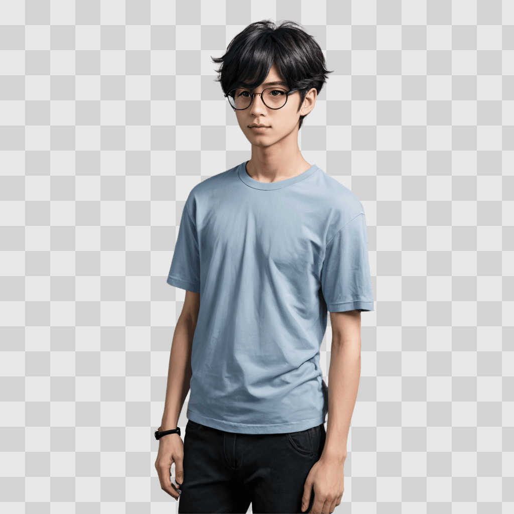 anime boy hair A young man with glasses and a blue shirt