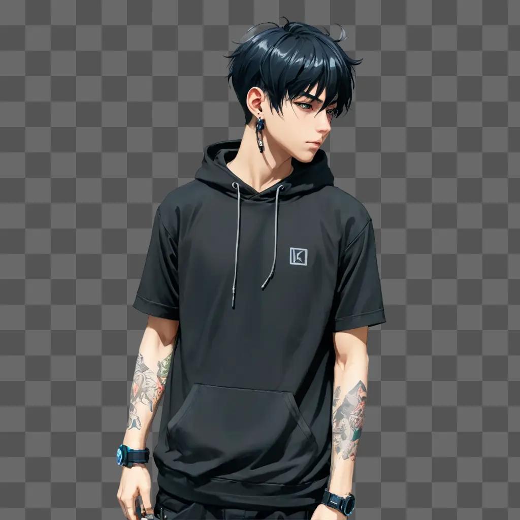 anime boy hair An anime character in a hoodie with a tattoo on their arm