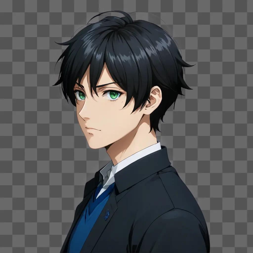 anime boy hair An anime character with a blue shirt and a suit