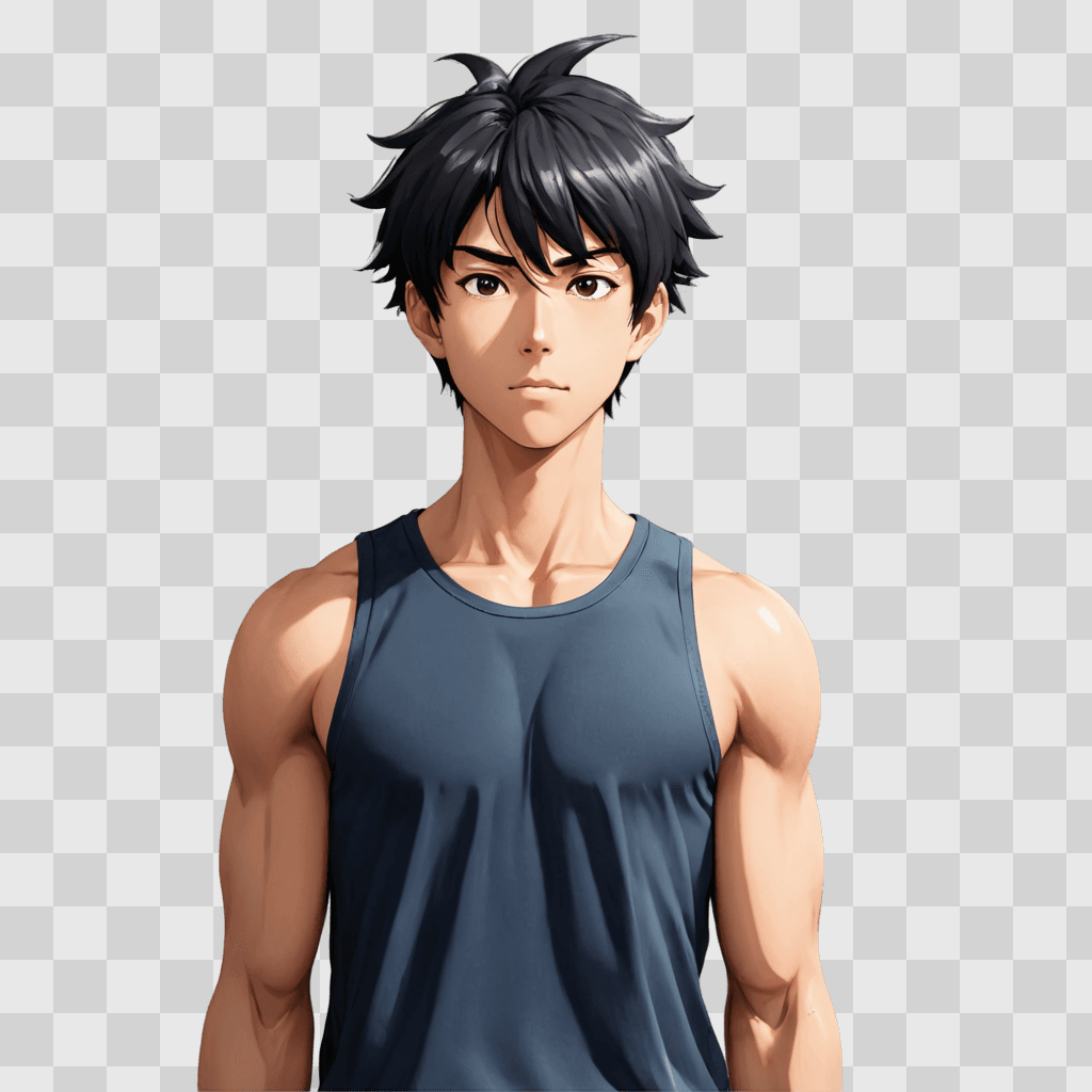 anime boy hair An anime man with muscular arms poses in a blue tank top