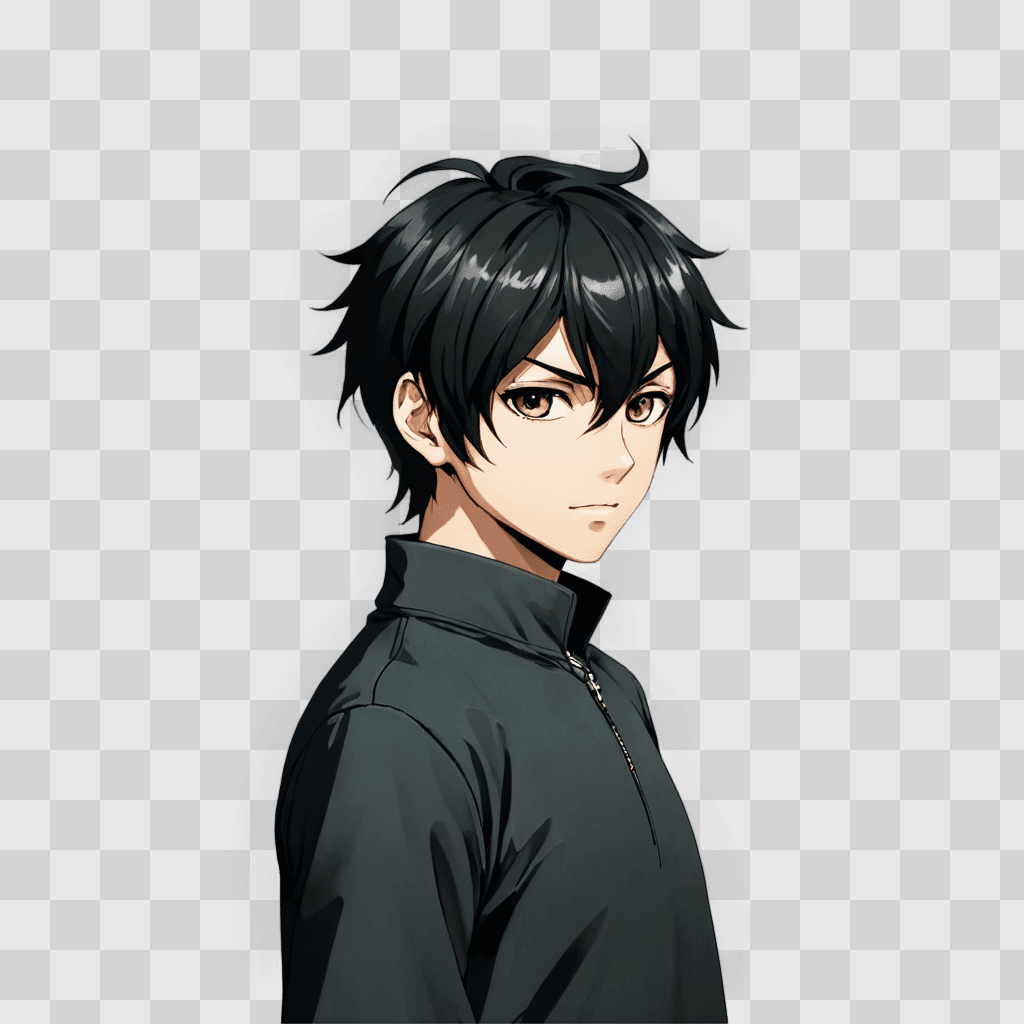 anime boy hairstyles A boy in a dark jacket with a white zipper