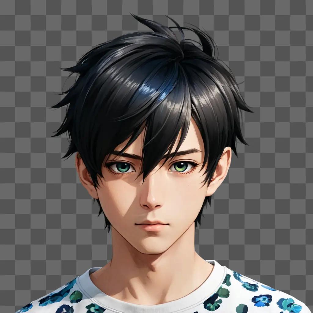 anime boy hairstyles A cartoon boy wearing a shirt with a flower design