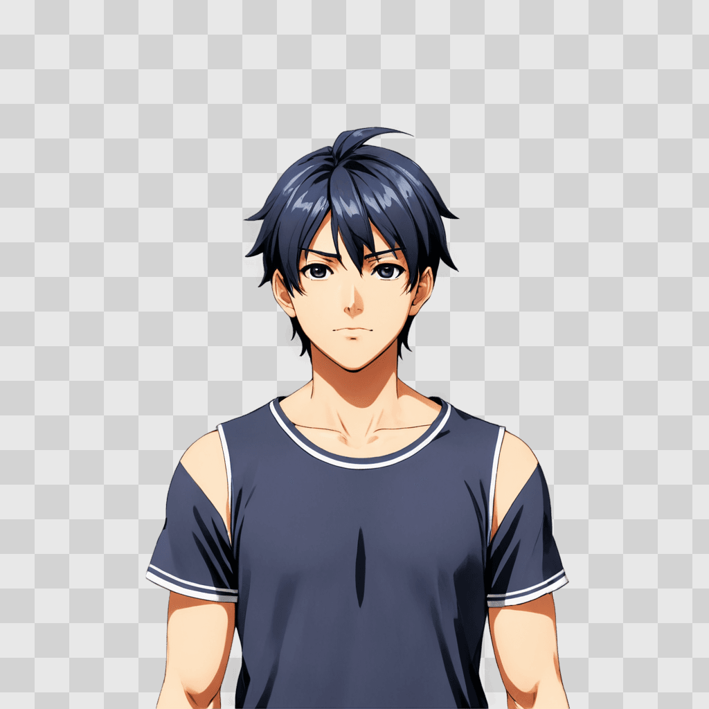 anime boy hairstyles A dark haired male with a blue shirt