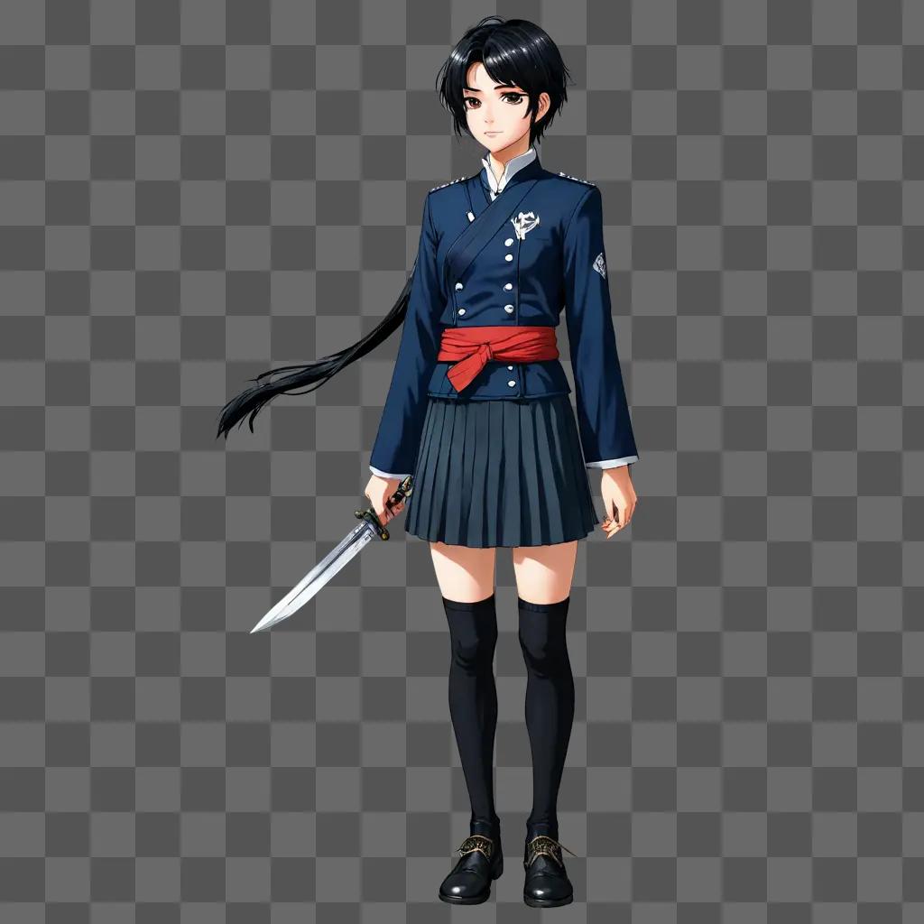 anime boy hairstyles A girl in a blue uniform holds a sword