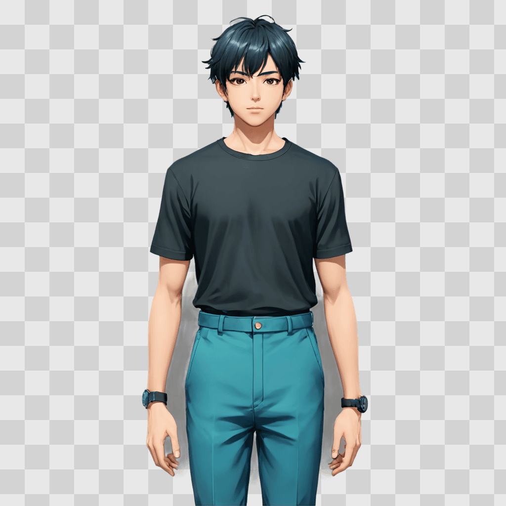 anime boy hairstyles A man in a black shirt and blue pants stands in the foreground