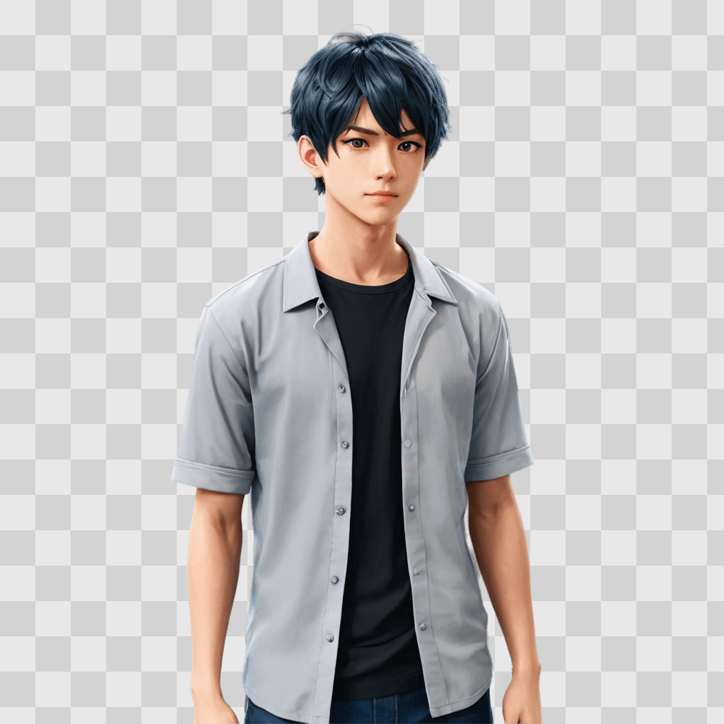 anime boy hairstyles A young man in a gray shirt stands in front of a gray background