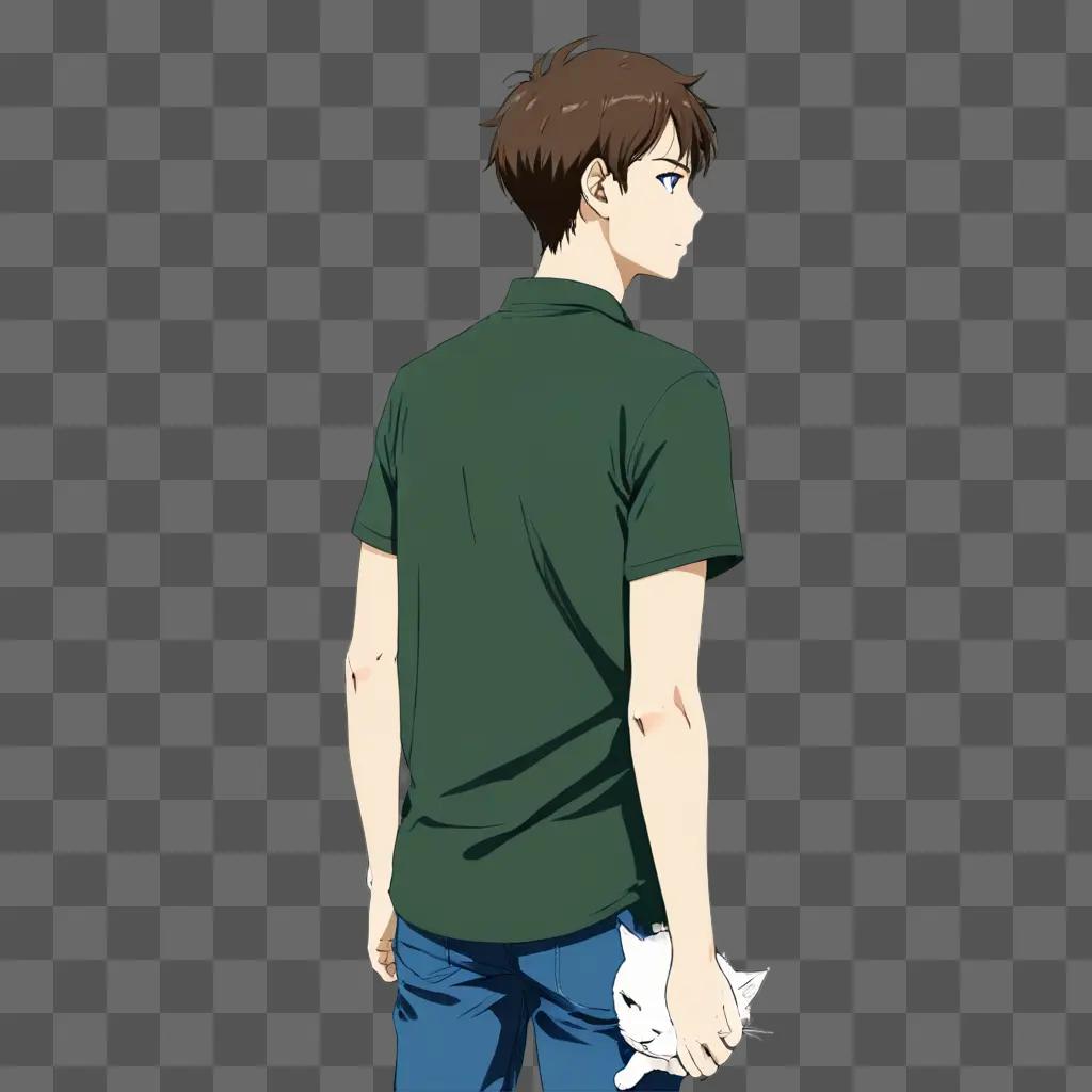 anime boy sketch A boy wearing a green shirt and blue jeans holds a white cat