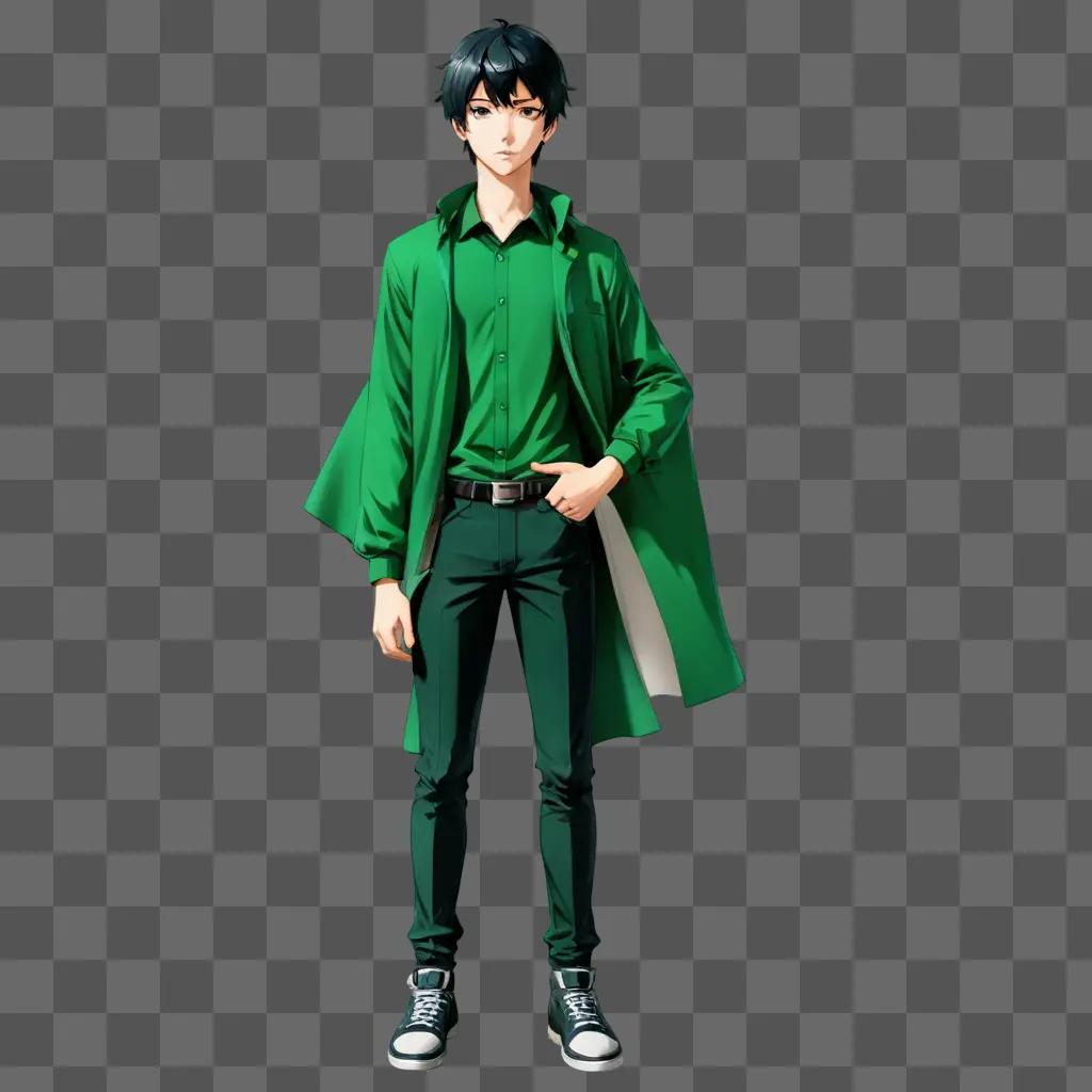 anime boy sketch An anime boy in green clothes stands in a green background