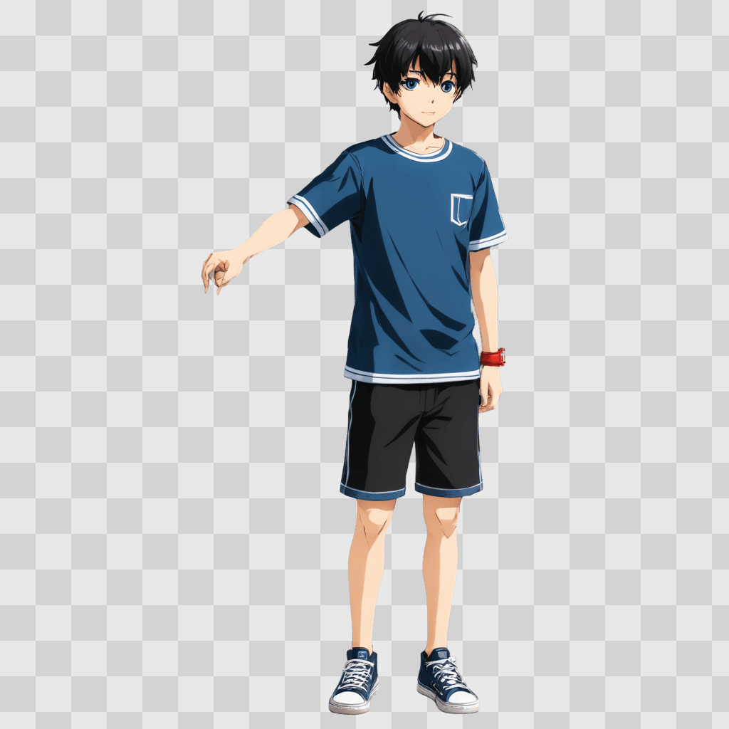 anime boy wallpaper A boy in a blue shirt and black shorts stands in front of a gray background