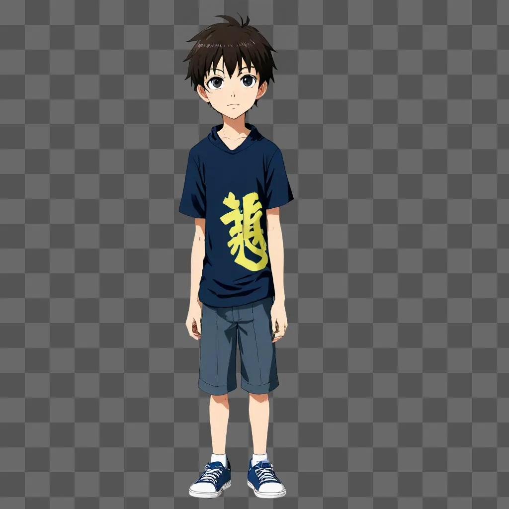 anime boy wallpaper A boy wearing a blue shirt and shorts stands in front of a dark background