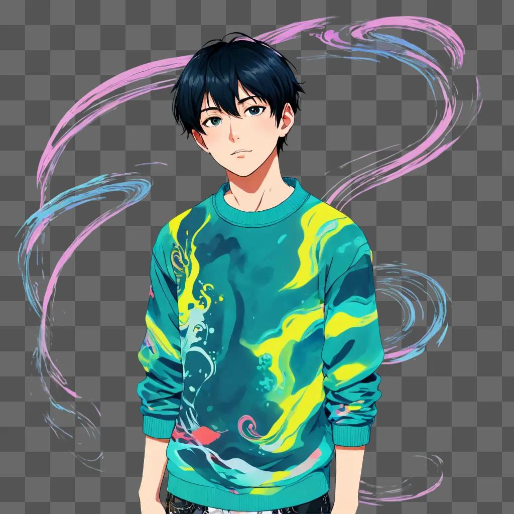 anime boy wallpaper A boy wearing a colorful sweater and a pink and blue background