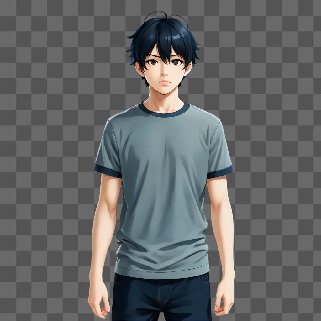 anime boy wallpaper A young man in a gray t-shirt and blue jeans